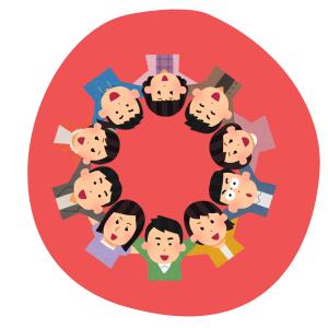 Gruppe hält sich an Schultern